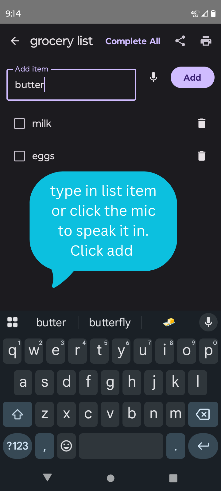 type in list item or click the mic to speak it in